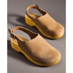 Anthropologie Brown Suede Wooden Platform Clog Sandals, Adjustable Buckle Strap
